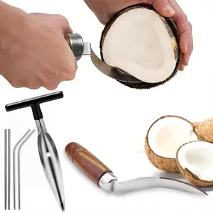 Set of Stainless Steel Coconut Puncher with Straws, Brush, Coconut Meat Remover with Wood Handle, For Green & Young Coconut Sturdy