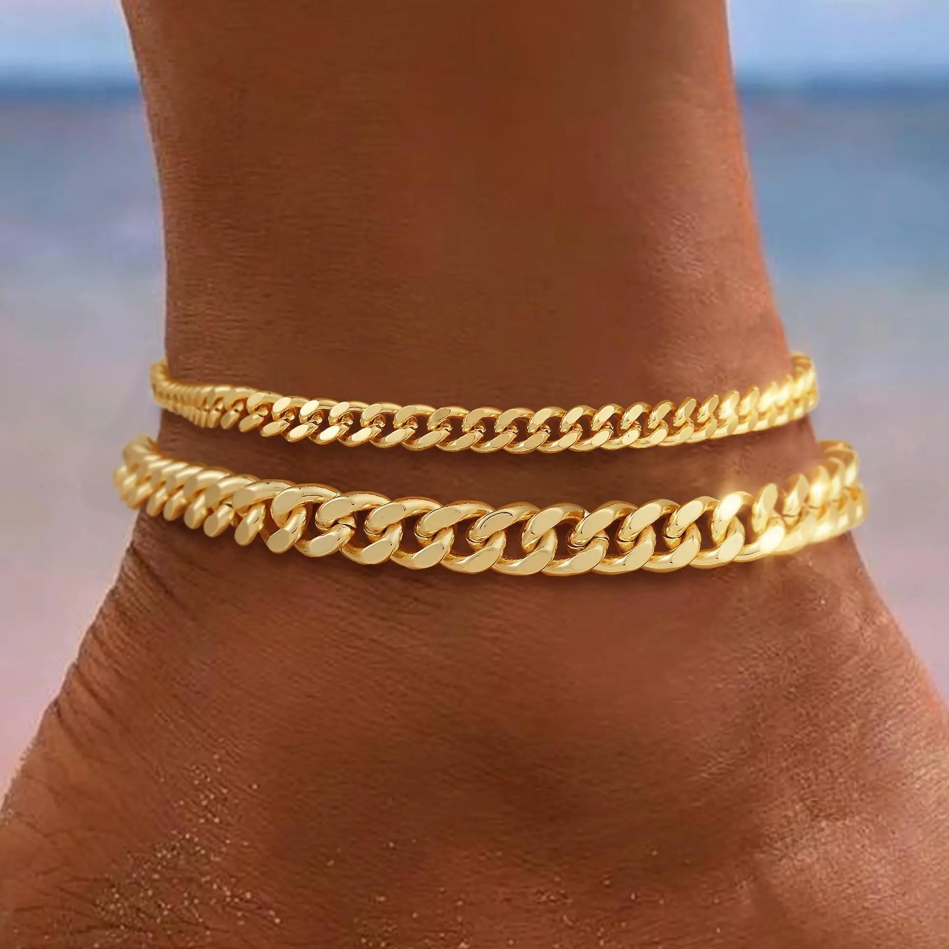 FREEKISS Chunky Cuban Link Chain Anklet for Women Waterproof Adjustable Length 8.5+2 Inch Fashion Chic Accessories Trendy Layered Anklet Set Jewelry Gift Suitable for Summer Beach Vacations Outdoorfun backtoschool