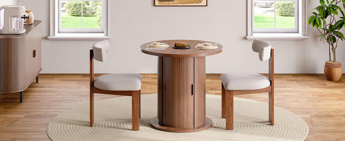 【SPOTLIGHT DAY】ONBRILL 31.5 Inch Round Dining Table for 2, Fluted Kitchen Table with 2-Tier Storage Shelf, Small Dinner Tables with Sliding Door and Wood Strip Base for Kitchen, Living Room