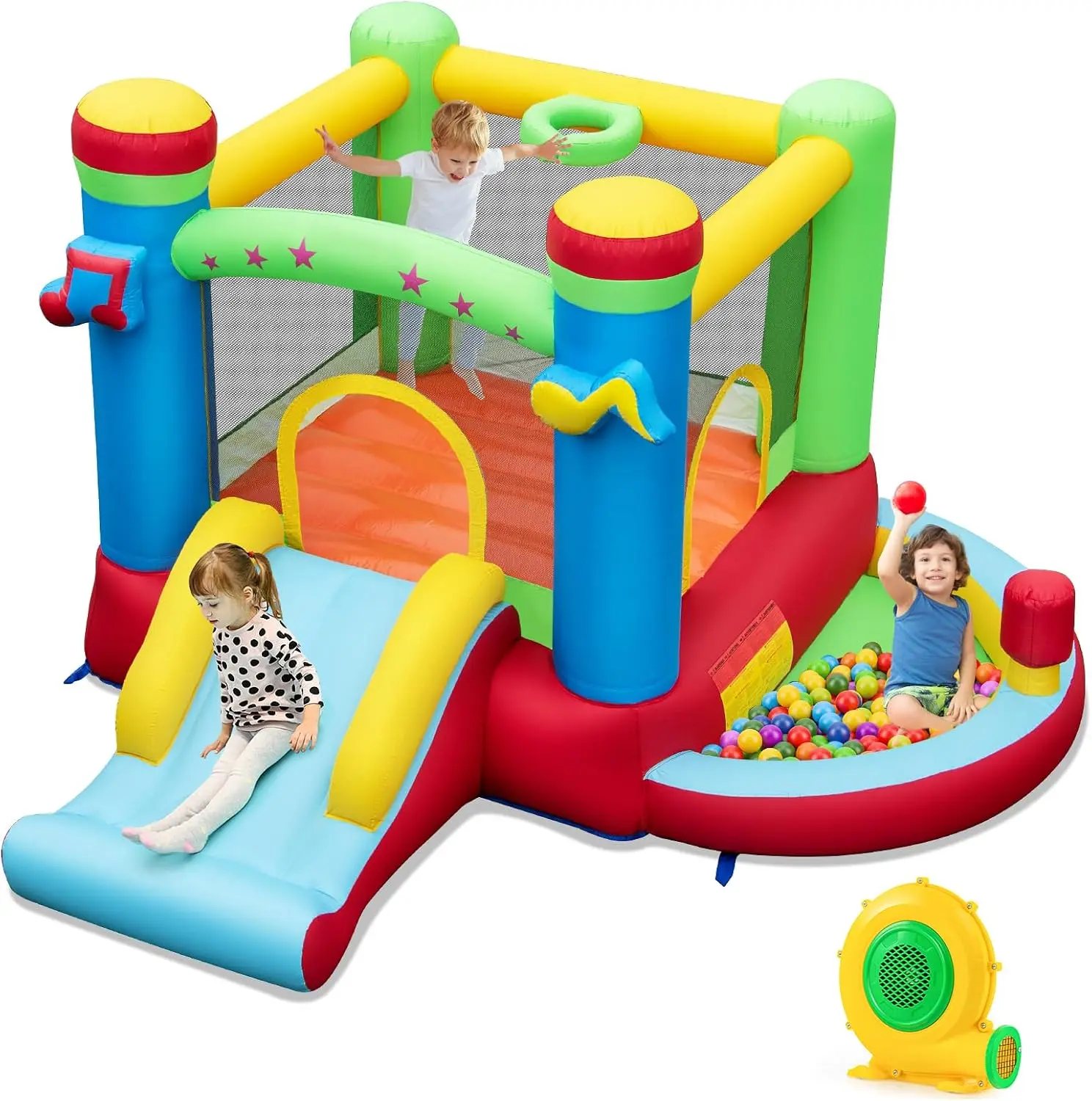 Costzon Inflatable Bounce House with Air Blower & Ball Pit, Bouncy House for Kids Indoor Outdoor w/Basketball Hoop, Blower, Mini Bounce House with Slide for Backyard Birthday Party Gifts for 3-12,No Ocean Ball & Basketball Included