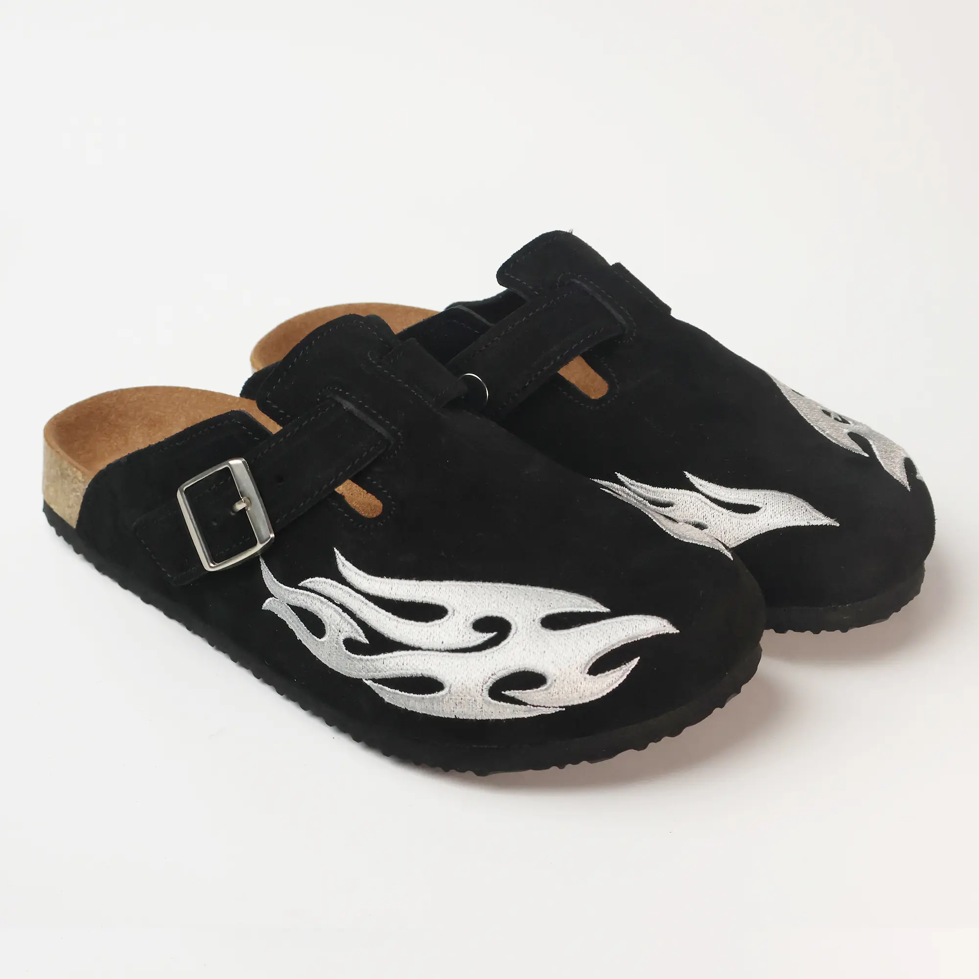 Men's Backless Suede Mules Flame Embroidery Cork Footbed Casual Daily Clogs Walking Shoes