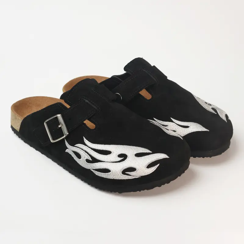 Men's Backless Suede Mules Flame Embroidery Cork Footbed Casual Daily Clogs Walking Shoes