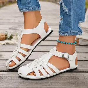 Women'S Summer Flat Sandals,  Casual And Stylish Breathable Woven Design Roman-Style  Hollow Beach Outdoor Sandals Summer Shoes, Casual Slip on Beach Sandals for Holiday,Summer Beach Sandals .Casual Trendy Sandals, Ankle Strap Sandal