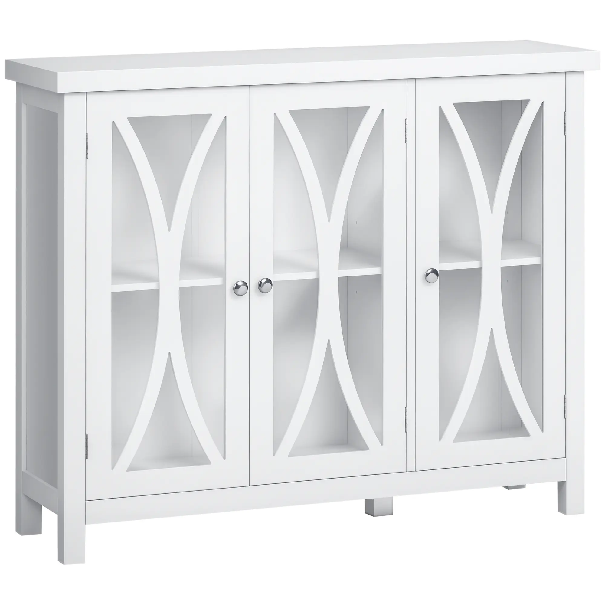 Sideboard Buffet Cabinet – White. Credenza with 3 Tempered Glass Doors, Arc Pattern & Adjustable Storage Shelf. 40.25"L x 11.5"W x 33"H