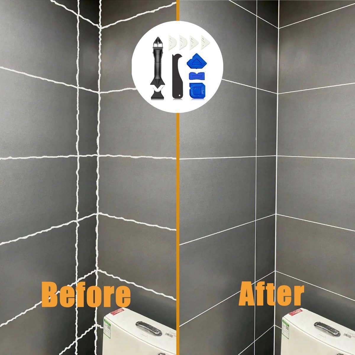 PUKEGM 3 in 1 Silicone Caulking Tools（Stainless Steelhead,Sealant Finishing Tool Grout Scraper, Reuse and Replace 5 Silicone Pads,Great Tools for Kitchen Bathroom Window, Sink Joint