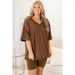 First Time Around Set, Brown - Breathable Vneck Tee & Elastic Waist Bike Short For Comfort & Style