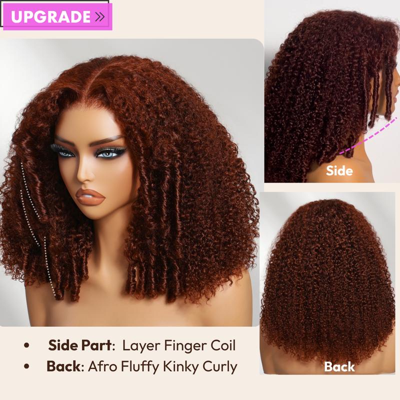 UNice 250% Density Reddish Brown Fluffy Burmese Curly Wig No Slip Glueless Pre-cut 7x5 HD Lace Closure Human Hair Wigs with Layer Finger Coil Ends 16 Inch Beginners Friendly Natural Looking