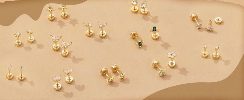 ORAZIO 925 Sterling Silver Flat Back Stud Earrings for Women Hypoallergenic 14K Gold Plated Cartilage Earrings for Sensitive Ears Small CZ Opal Conch Helix Tragus Piercing Jewelry 3 Pairs 20G