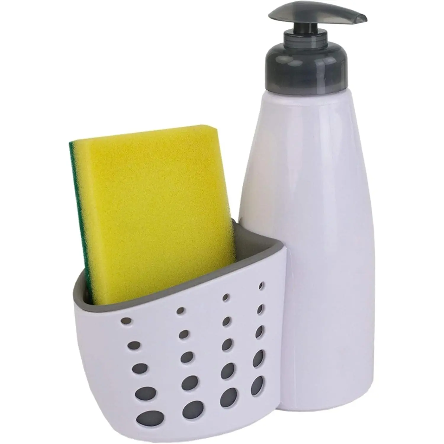 2-in-1 Durable Heavy-Duty Plastic Dishwashing Dispenser Organizer - 20oz Leak-Proof Pump Bottle with Quickdrain Sponge Holder, Drain Tray for Kitchen Cleaning, Reduces Refill Trips, Tidies Sink Workspace