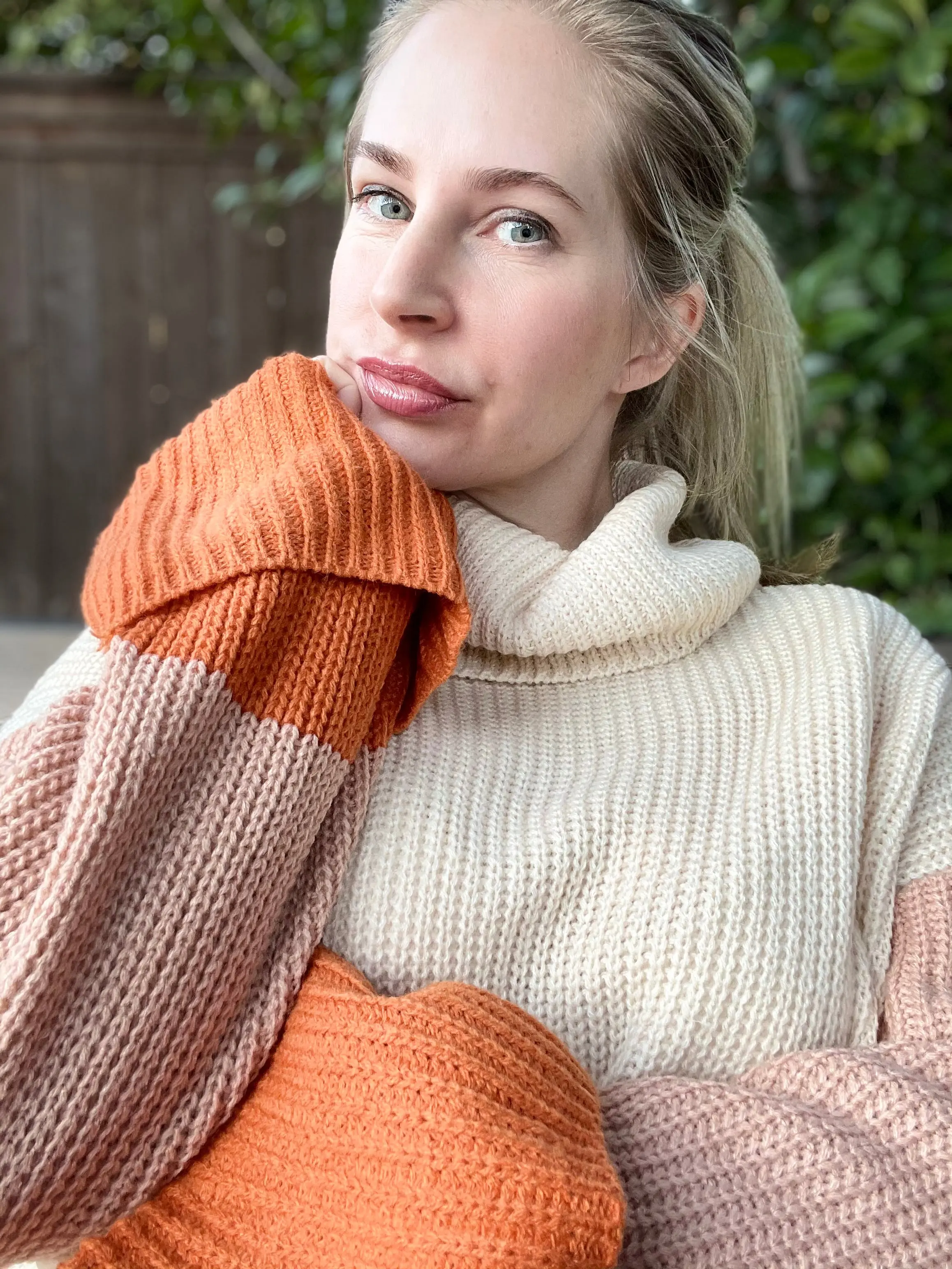 Lady's True Size High Neck Knitting Top - Women's Casual Oversized Loose Cuff Sleeve Long Sleeve Mallory Orange Knitwear, Loose-Fitting, Large, Normal Type, Pull On, Turtleneck, Cable-Knit, Striped