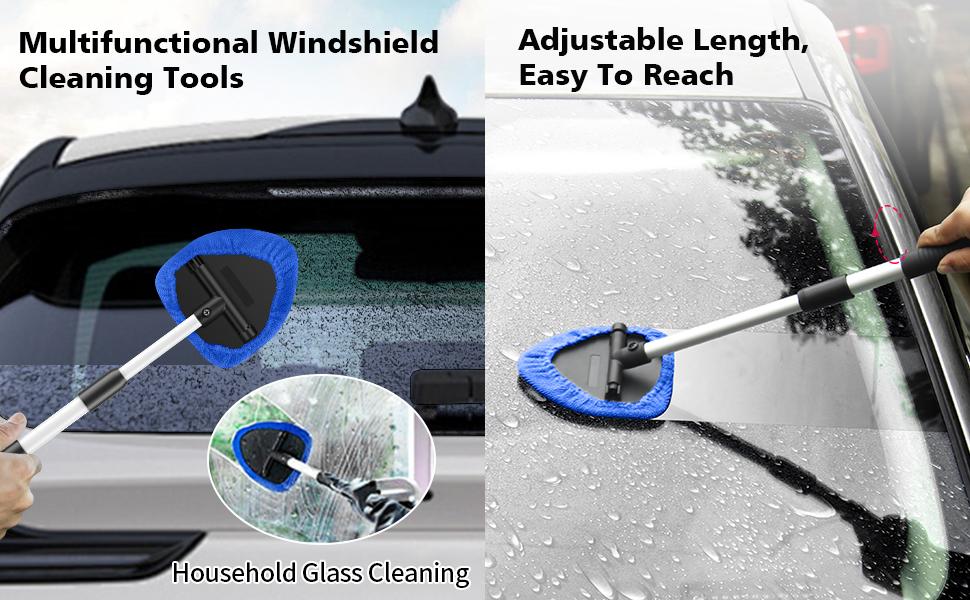 Windshield Cleaner Tool, Car Interior Detailing Cleaning Kit with Extendable Handle and 3 Upgraded High-Density Reusable Microfiber Pads, Auto Glass Wiper Brush Kit for Cars, Blue