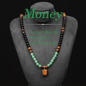 September Money Attraction Necklace with Green Aventurine & Tiger Eye Pendant, Healing Crystal Stone, Anniversary, Vacation & Theme Party Jewelry, Abundance Crystal Bracelet, Long Chain, Sweater Chain, Ideal Gift Jewelry for Men and Women