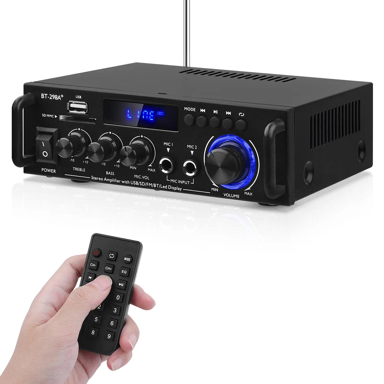 AEXCVG BT-298A+ HiFi Stereo Power Amplifier System - 40Wx2 Dual Channel Home Amplifier with Bluetooth, MIC Input, SD/USB Playback, AUX, FM, Remote Control for Karaoke, Home Theater (External Audio Component), Dual Channel Amplifiers