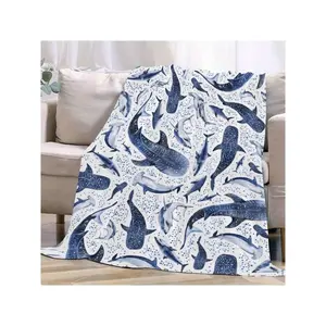 Aura Blankets Cozy Ocean Shark Flannel Throw Blanket, Blue White Whale Print 280g/Sq.M Soft Warm Lightweight for Bed Sofa, Machine Washable