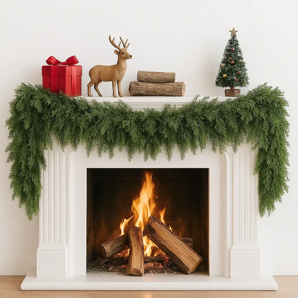 6FT Artificial Cedar Garlands, Real Touch Winter Cedar Garland, Green Artificial Greenery Pine Garland for Table,Mantle,Wall,Indoor,Outdoor Christmas Decorations