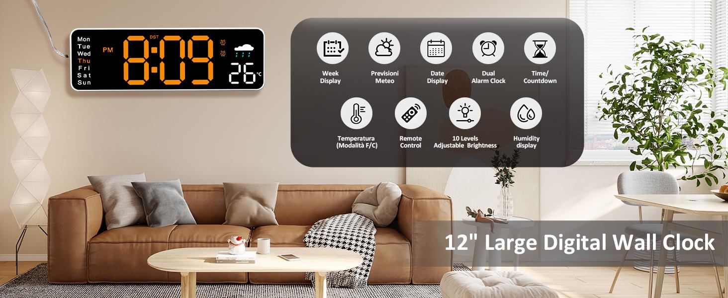 8.98" Digital Clock with Date, Week, Temp, Humidity, DST, Timer, Auto-dimming for Living Room Classroom Gym Church Shop Garage Wall LED