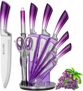 Purple Professional 9-Piece Kitchen Knife Set with Acrylic Block - Non Stick Sharp Stainless Steel Chef Knives with Sharpener Cokinutvalleyus