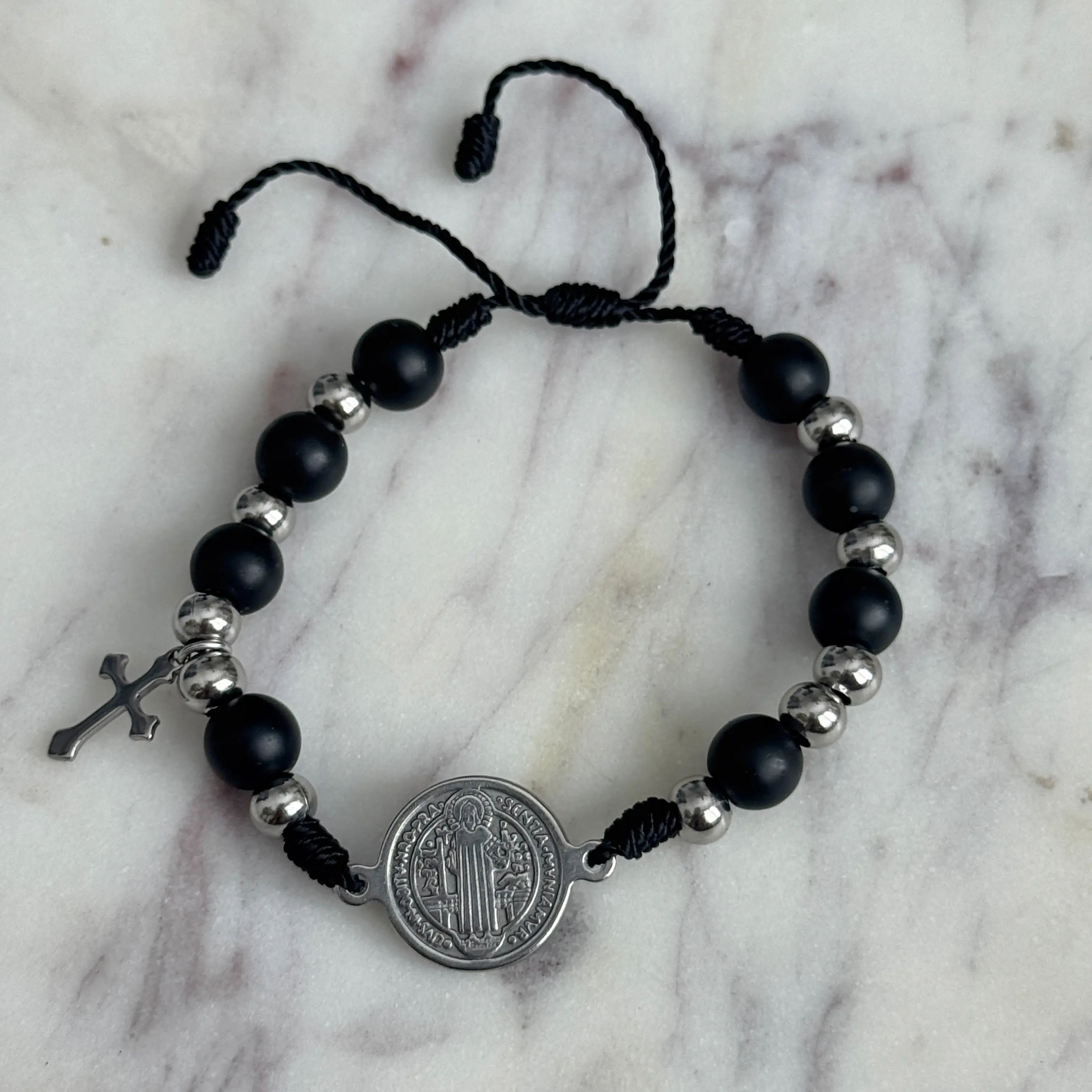 San Benito Shield Black Beaded Strand Featuring a Stainless Steel Medallion, Spiritual Protection Jewelry for Men and Women, Beaded Strand Bracelet