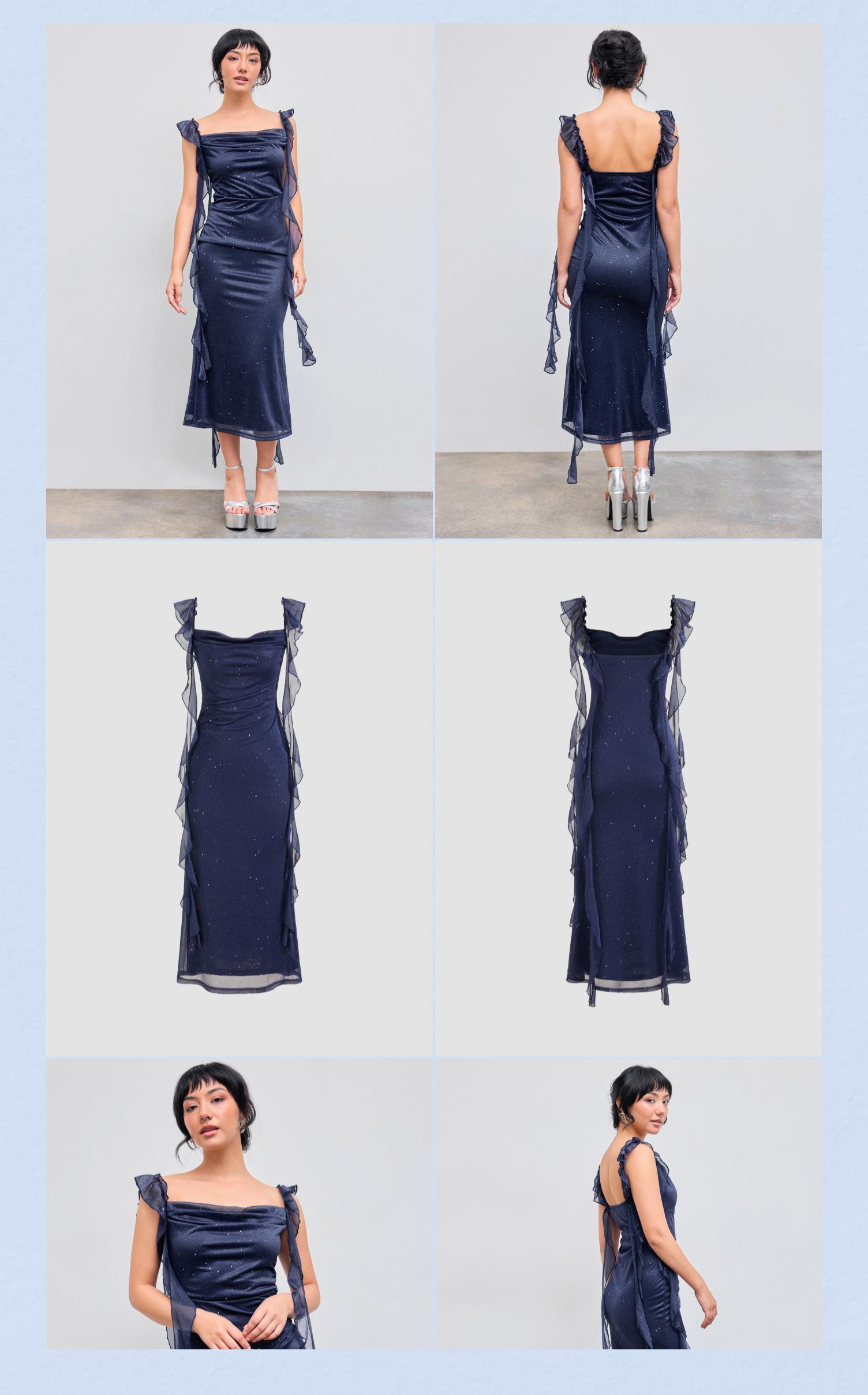 Cider Cowl Neck Solid Glitter Ruffle Hem Maxi Dress Evening Party Vacation Dress