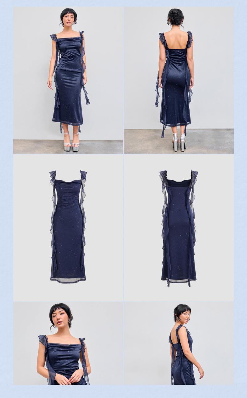 Cider [6 colors, size 0-26] Cowl Neck Solid Glitter Ruffle Hem Maxi Dress