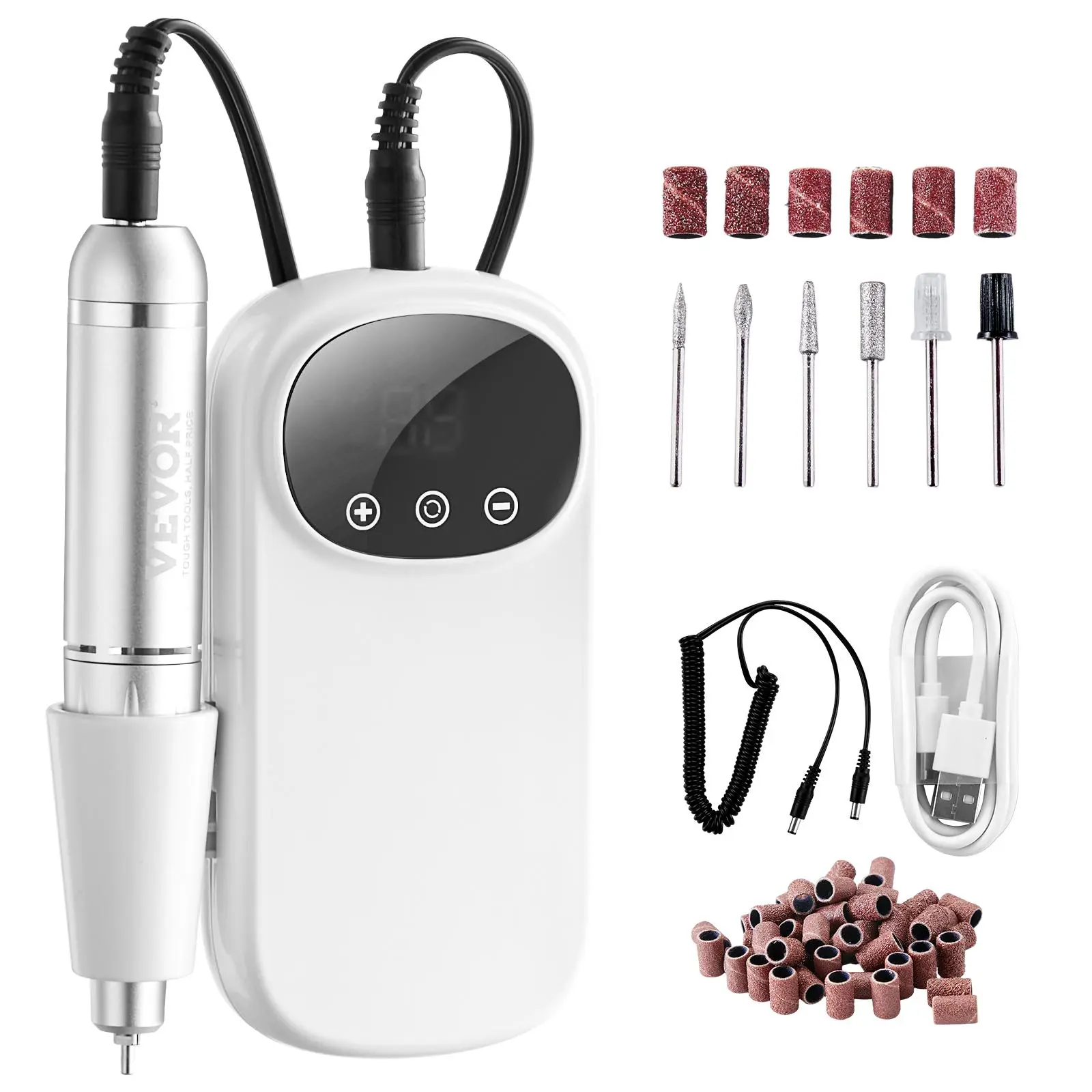 【summerfinds】VEVOR Electric Rechargeable Nail Drill, 35,000RPM Portable Cordless Nail E File Machine, LCD-Display Acrylic Gel Grinder Tool with 6 Bits and 50PCS Sanding Bands for Manicure Pedicure Carve Polish, Nail File, Electronic Nail File