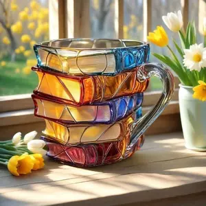 Glass book stack mug, cute book-shaped teacup, unique book-stacking glass coffee mug, distinctive library-themed coffee mug, perfect as a gift. Stylish Drinkware Ceramic