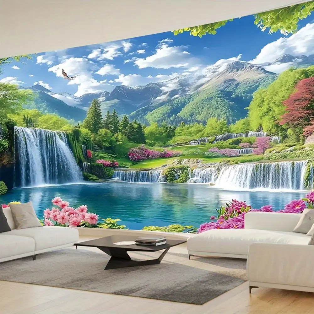 2D Flat Pastoral Mountain Waterfall Polyester Tapestry Wall Hanging - Oversized Home Decor, Photo Backdrop Cloth, Birthday Gift Idea