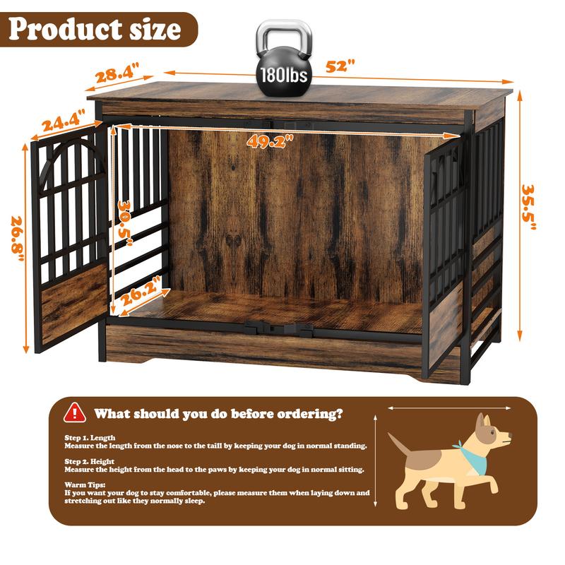 COZPAW Large Dog Crate Furniture, 48/52/71/78/86Inch Wooden Dog Kennel for XLarge Dogs, Heavy Duty Dogs Furniture Indoor Wire Dog Cage with Caster Wheels, Decorative Pet House End Table, Brown
