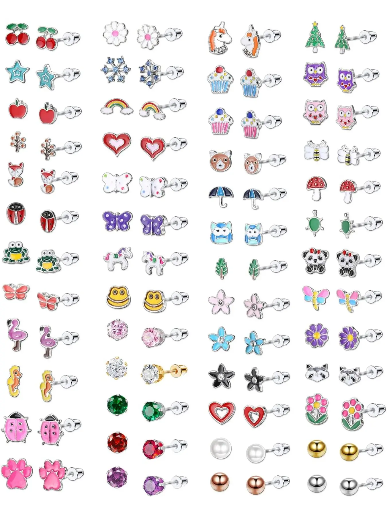 51Pairs Kids Earrings, Toddler Earrings Hypoallergenic, for Girls Stud Earring Stacking Set With Hypoallergenic Stainless Steel Ear Needles, Coloured CZ Animals Flower Star Heart Shaped Earrings Jewellery Gifts, Kids Costume Jewelry