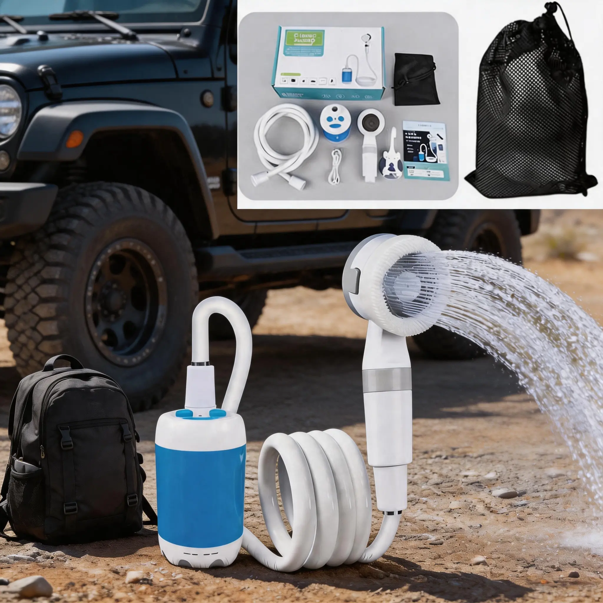 Portable Camping Shower Pump, Dual Spray Modes, Adjustable Water Flow, 4000mAh Rechargeable Outdoor Shower with 2m Hose, USB-C Fast Charging for Camping, Hiking, Portable Shower Showers