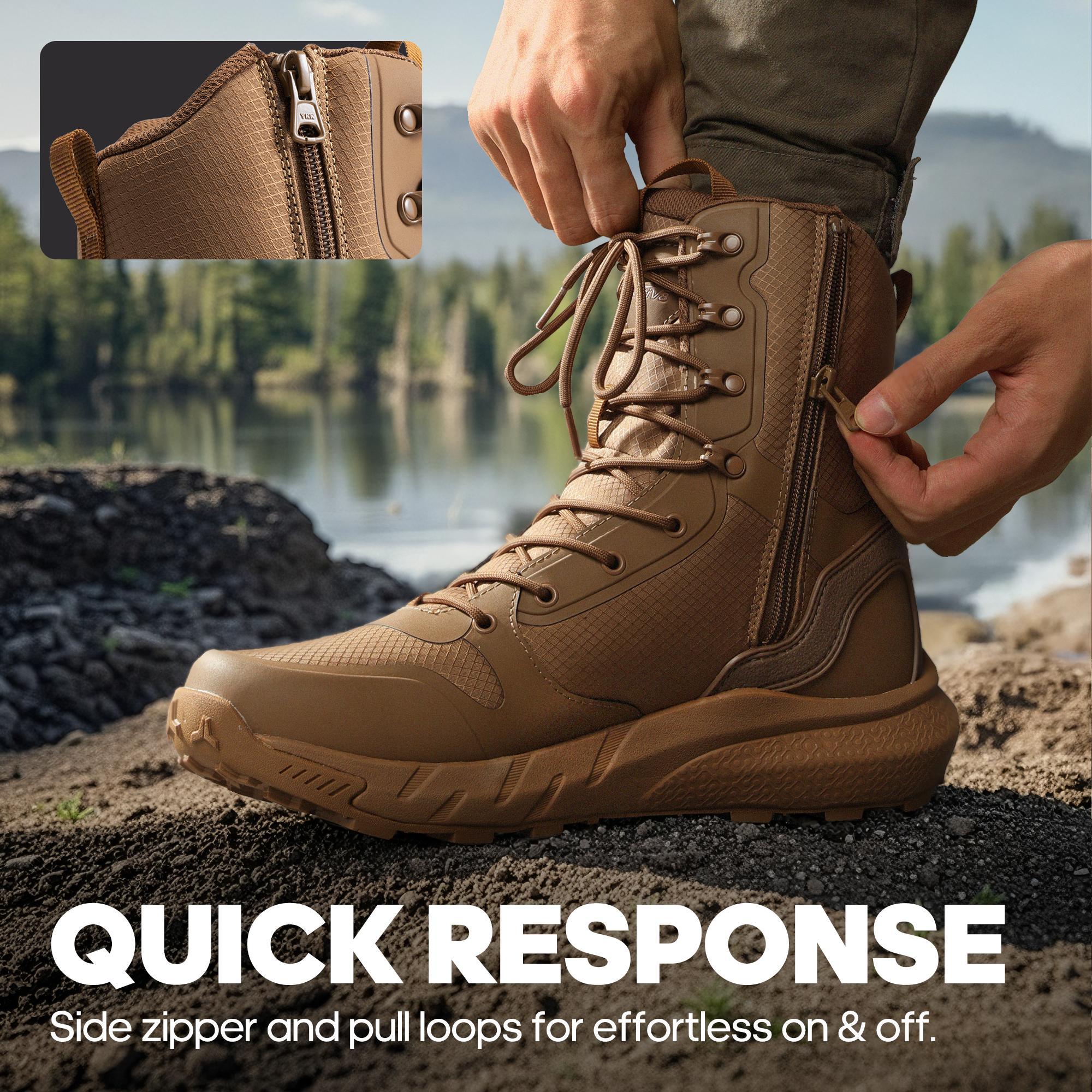 NORTIV 8 Men's Military Tactical Boot 8 Inches Round Toe Laced Closure Lightweight Comfortable for Work All Day Side Zipper Motorcycle Combat Hiking Boots Durable Black Supportive Protection Outdoor Sturdy SpringStatements