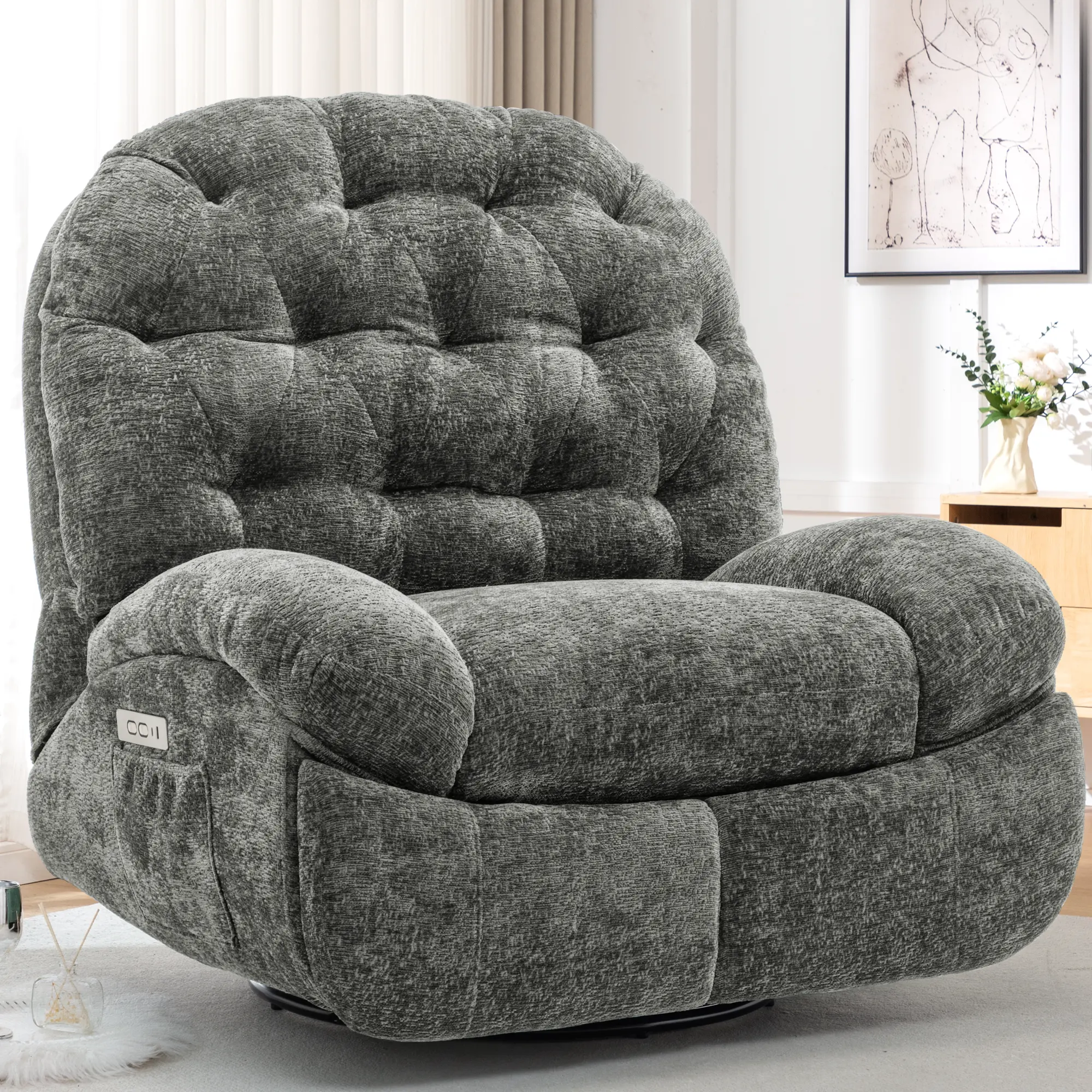 Korser Motorized Power Lift Swivel Rocker Recliner Chair - Modern Chenille Indoor Living Room Furniture, 270° Swivel, 30° Rocking, Button Control, Type-C Charging Ports, Side Pockets, 380lbs Capacity, Pre-Built