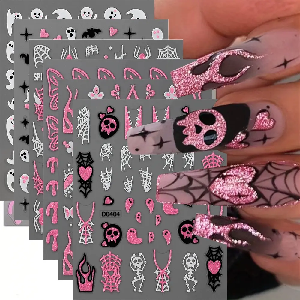 Halloween Nail Art Stickers, Nail Designs, Glitter Ghost Spider Flame Fun Themes Design, Self-Adhesive Backing, DIY Holiday Manicure Decorations, Sticker Sheet, Festive Cheer, Nail Decoration Supplies