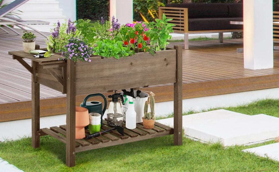 【Foldable Table Ledge】Yaheetech Solid Wood Elevated Garden Bed Planter Box with Removable Grow Grids, Fabric Inner Liner