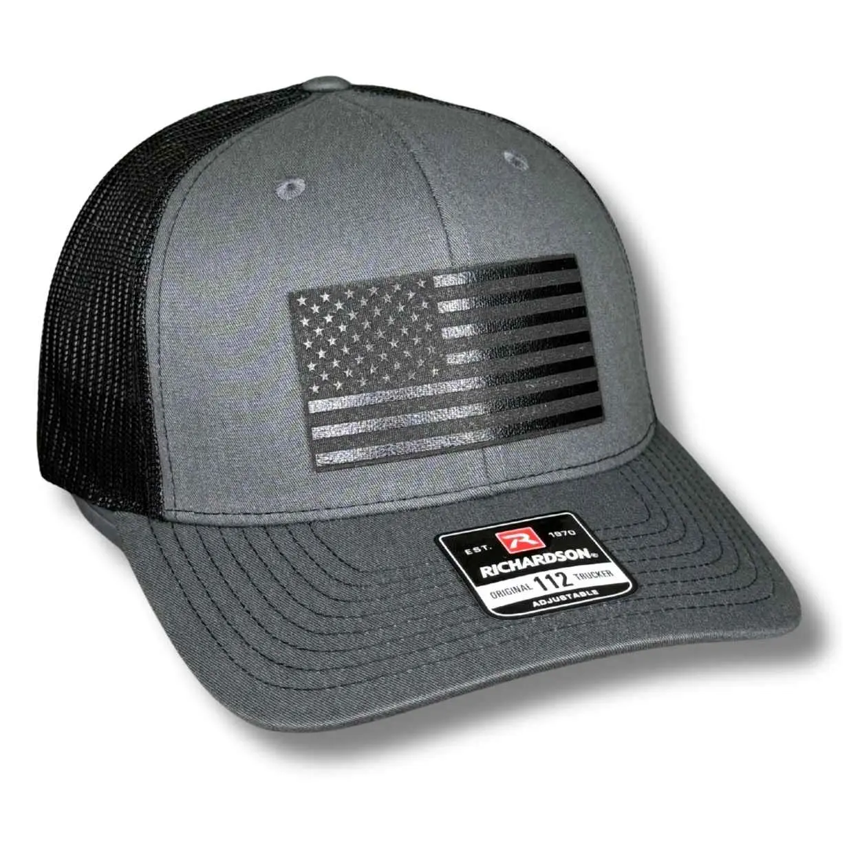 American Flag Blackout Patch Hat, Adjustable Snap, Leatherette, Permanent Engraving, for Everyday Wear