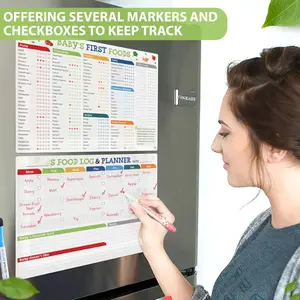 Set of 2 Baby First Foods Tracker Fridge Magnet, Nutrition Poster, Daily Log Meal Planner Checklist, 101 Foods Before 1, Dry Erase Whiteboard for Refrigerator, 3 Dry-Erase Markers