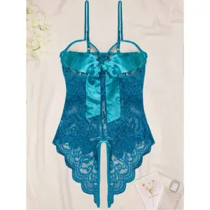 Tease & Ease Teal Lace Bow Bodysuit for Women Satin Trim Teddy Sexy Lingerie Elegance Breathable Fashion Soft
