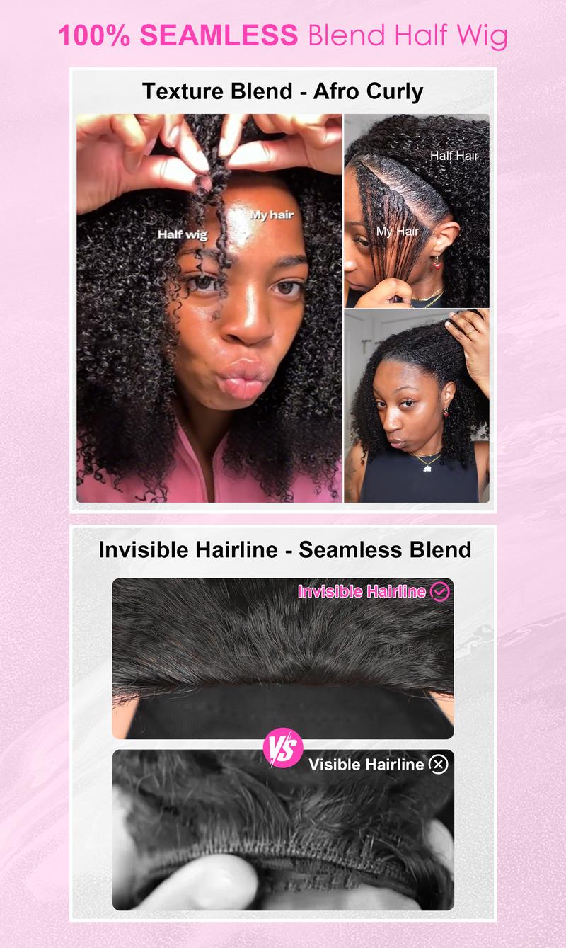 [Wear Go Half Wig] BGMgirl Invisible Hairline  Yaki Butterfly Layered Cut/ Afro CurlyHalf Wig Multiple Texture Available Kinky Curly Water Wave Glueless Human Hair Wigs Seamless Flip Over Updo Down Style Hairpiece eve valentines day gift