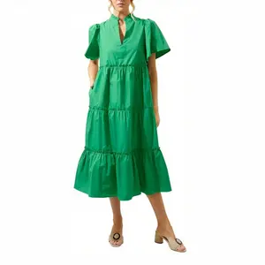 YEXPINE Women's V Neck Tiered Midi Dress Casual Short Sleeve Ruffle Flowy Summer Beach Vacation Long Dress