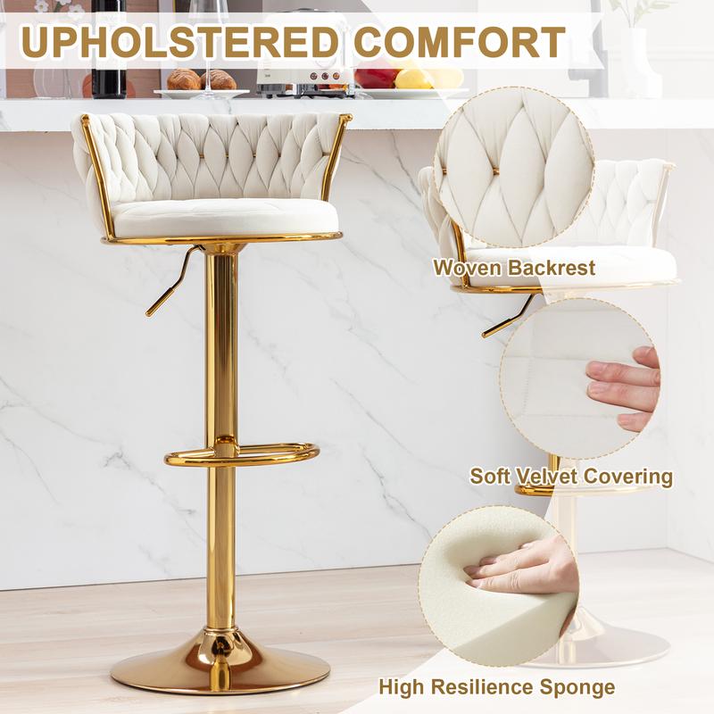 VECELO Modern Black Velvet Bar Stools Set of 2/4 with Woven Arm and Backrest, Height Adjustable and 360° Swivel for Kitchen Island, Cafe, Pub, Bar Counter