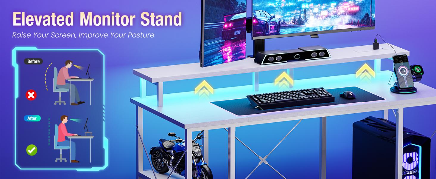 48 inch Gaming Desk with LED Lights & Power Outlets, Computer Desk with Monitor Stand & Storage Shelves, CPU Stand, Home Office Desk