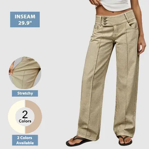 Flamingals Asymmetrical Button Fly Stitch Detail Mid Waist Straight Leg Pants Womenswear Stretchy 29.9" Inseam