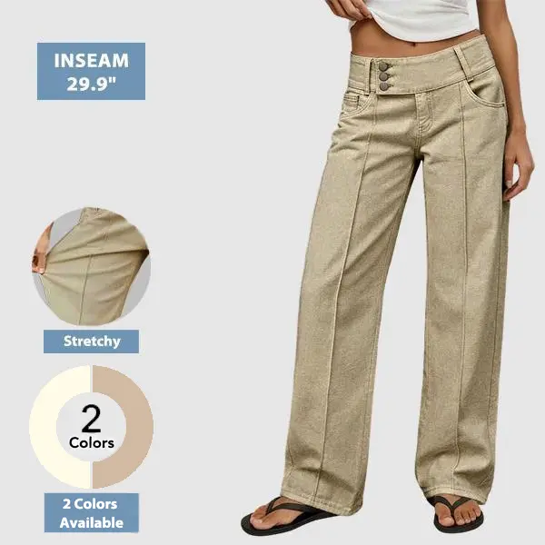 Flamingals Asymmetrical Button Fly Stitch Detail Mid Waist Straight Leg Pants Womenswear Stretchy 29.9" Inseam