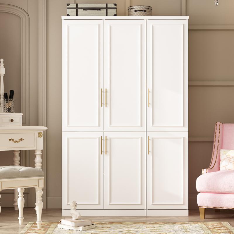 FUFU&GAGA 4 Door Wardrobe Closet with Shelves, Armoires and Wardrobes Wardrobe Closet with Hanging Rod, Gold Metal Handles, Bedroom Armoire Closet