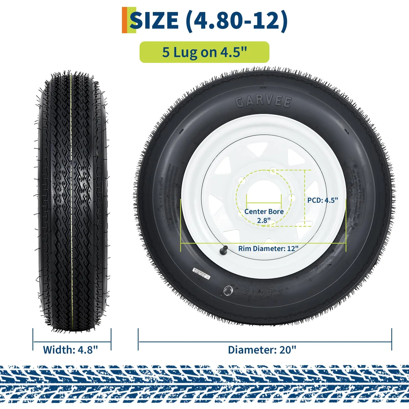 Garvee 4.80-12 2-Pack railer Tire and Wheel Assembly, Load Range C 6PR, 5 Lug White Spoke Wheel for Utility/Boat/Camper Trailers