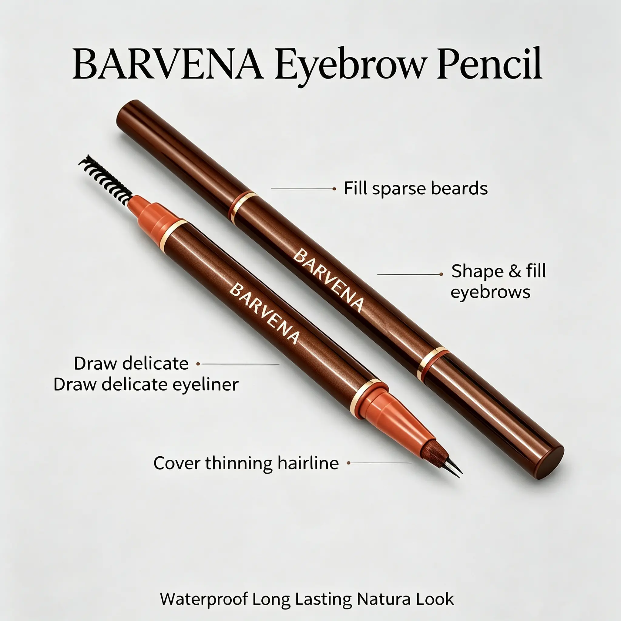 BARVENA 2-Tip Micro-Fork Eyebrow Pen - Water-Proof, Smudge-Proof, Long-Lasting Natural Brown Pigment, Hair-Like Strokes, Easy-to-Use, Sparse Brow Coverage, Single Item for Youth At-Home Brows, Summer Festival Daily Beauty Makeup