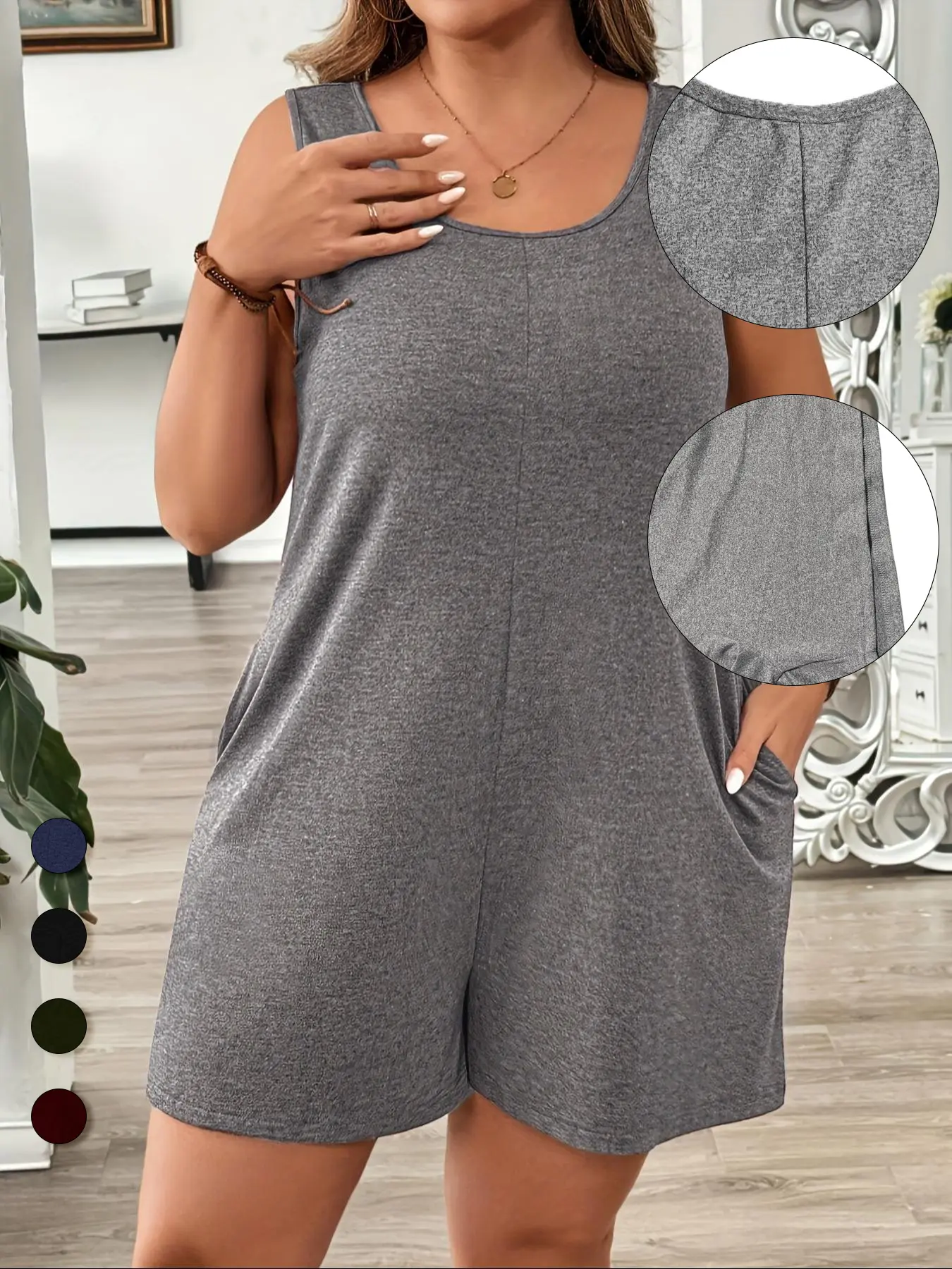Plus Size Solid Color Sleeveless Fitted Romper, Elegant Casual Romper, Casual Comfy Romper for Summer, Casual Summer Jumpsuits, Women's Plus Clothing for Daily Wear, Basic, Casual Sleeveless Overalls, Womenswear