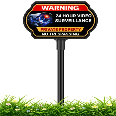 PRIVATE PROPERTY NO TRESPASSING 24 Hour Video Surveillance Sign 10x5 Inch with Stake 37 Inch High Outdoor Aluminum Security Yard Sign UV Printed Weatherproof Warning Sign for Home Garden Porch Business