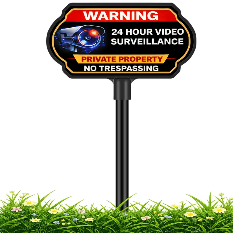 PRIVATE PROPERTY NO TRESPASSING 24 Hour Video Surveillance Sign 10x5 Inch with Stake 37 Inch High Outdoor Aluminum Security Yard Sign UV Printed Weatherproof Warning Sign for Home Garden Porch Business