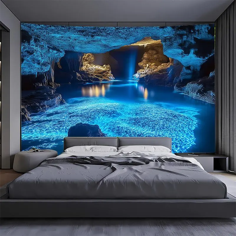 Extra Large Blue Cave Landscape Tapestry - Vivid Underwater Scene with Glowing Lights, Durable Polyester Fabric Wall Hanging for Living Room, Bedroom, Office, Party & Live Stream Backdrop Decor (No Installation Needed), Underwater Decor